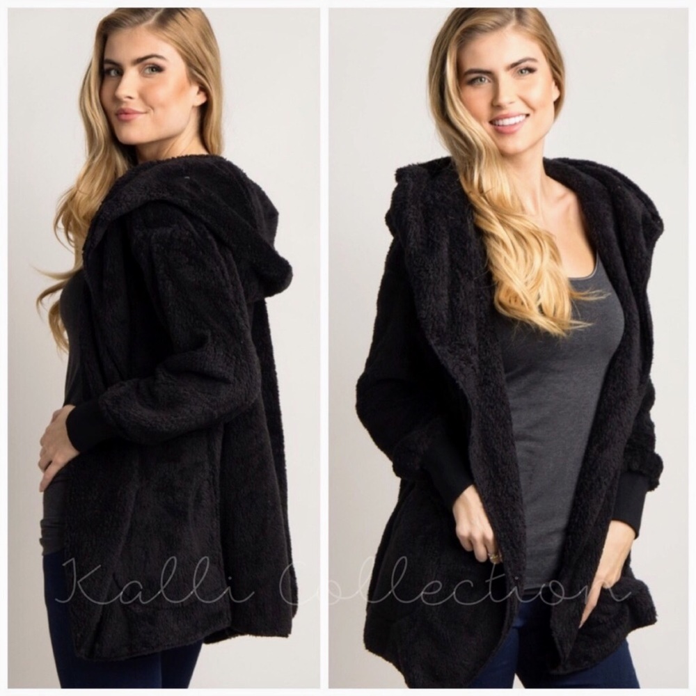 NWT - BLACK Teddy Bear Fleece Cardigan Hoodie